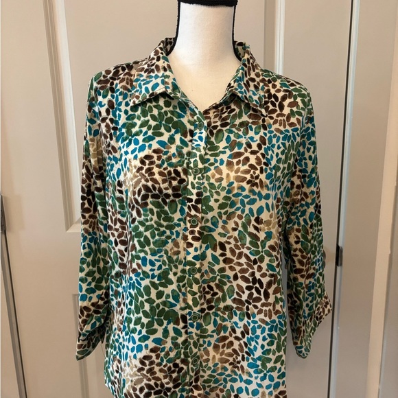 Christopher & Banks green and brown leaf patterned button down blouse size L - Picture 1 of 16